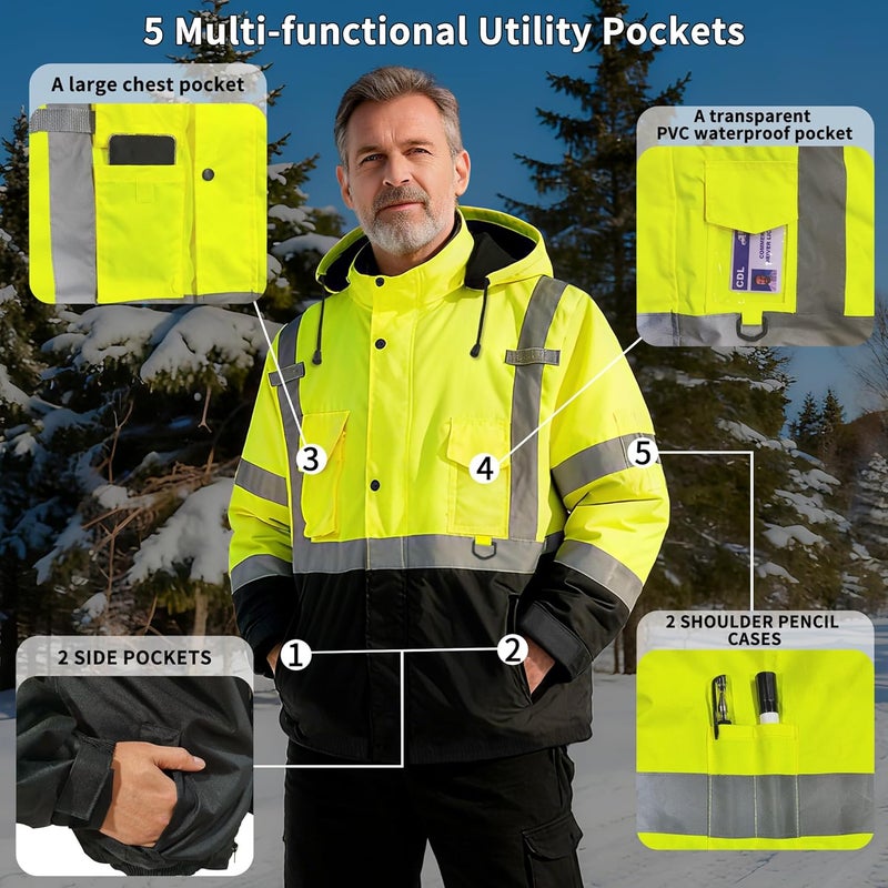 FATONE Store Hi Vis Jackets for Men Reflective Safety Bomber Jacket Cold Weather, Construction Winter Coat for Work Waterproof with Black Bottom ANSI/ISEA Tested, Lime S - Image 3